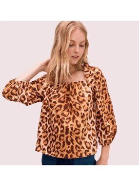 Kate Spade Leopard Print Square Neck Blouse With Ruffle Detail & 3/4 Sleeves - W